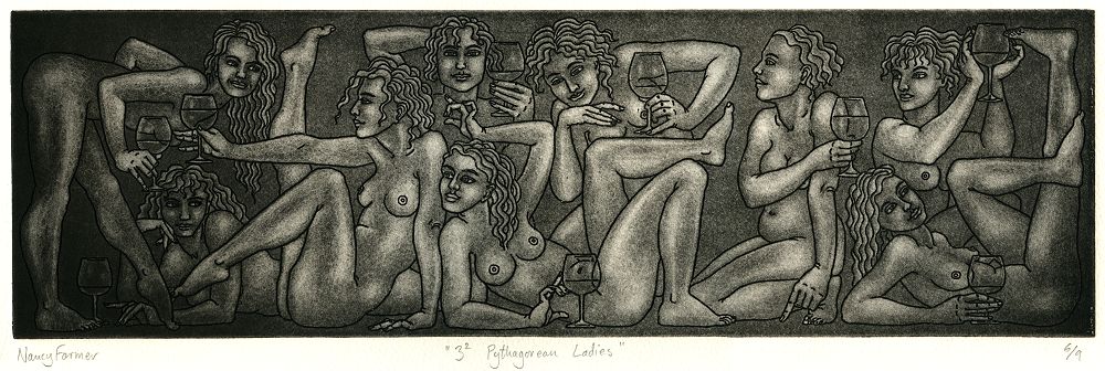 3 Pythagorean Ladies - etching print by Nancy Farmer