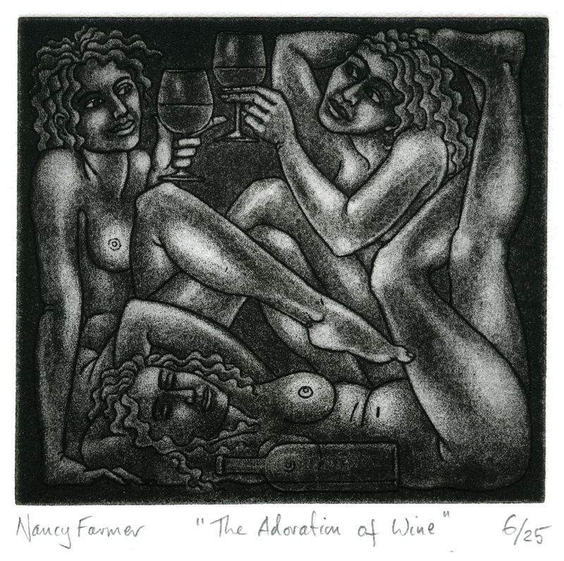 The Adoration of Wine - etching print by Nancy Farmer