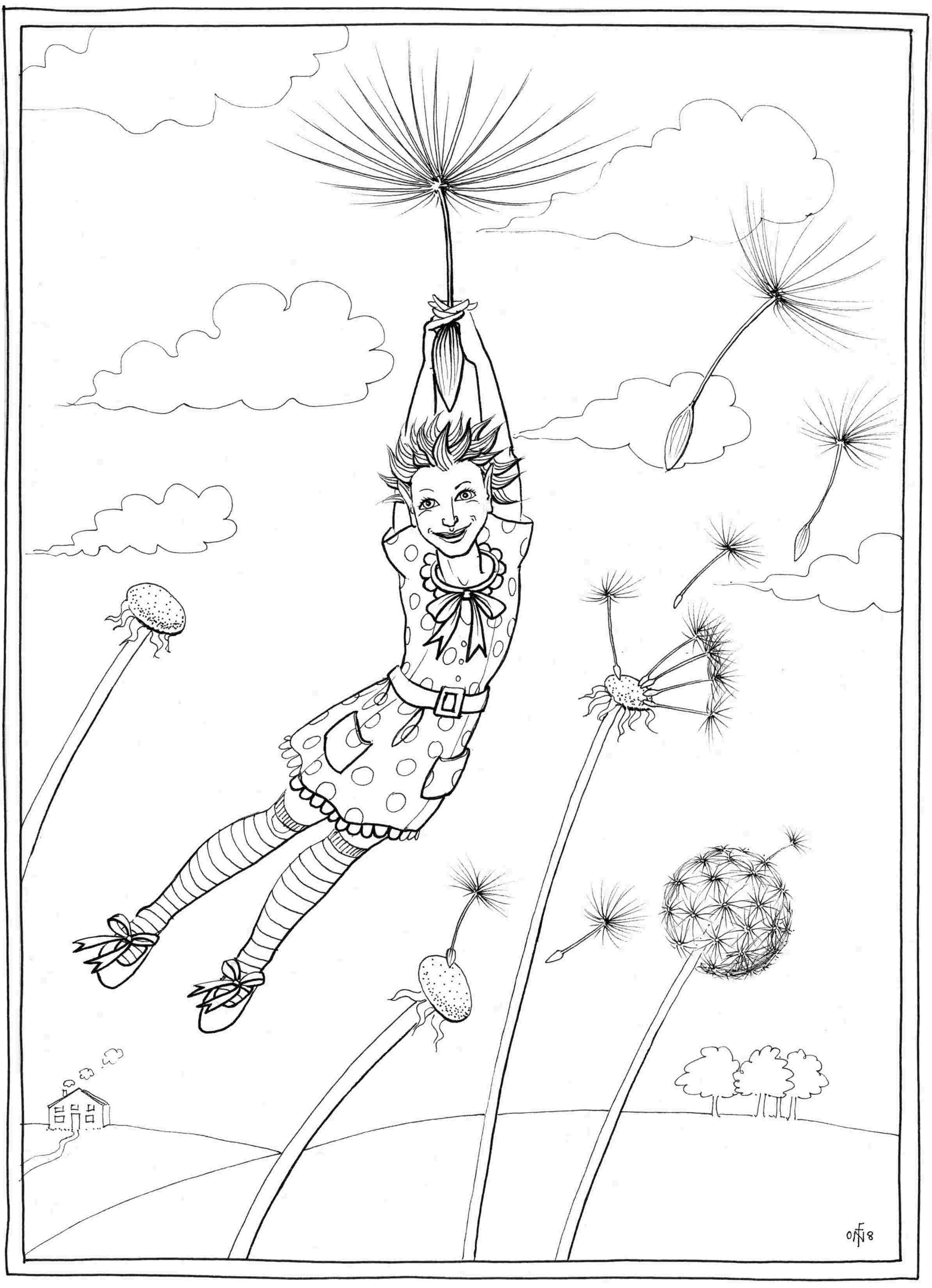 Away with the Dandelions - colouring-in drawing - to download, right click and save, print out and colour in!