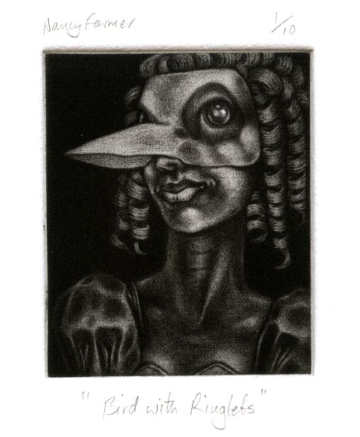 mezzotint print by Nancy Farmer: 'Bird with ringlets'