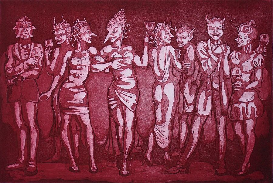 Crimson Masquerade - etching print by Nancy Farmer