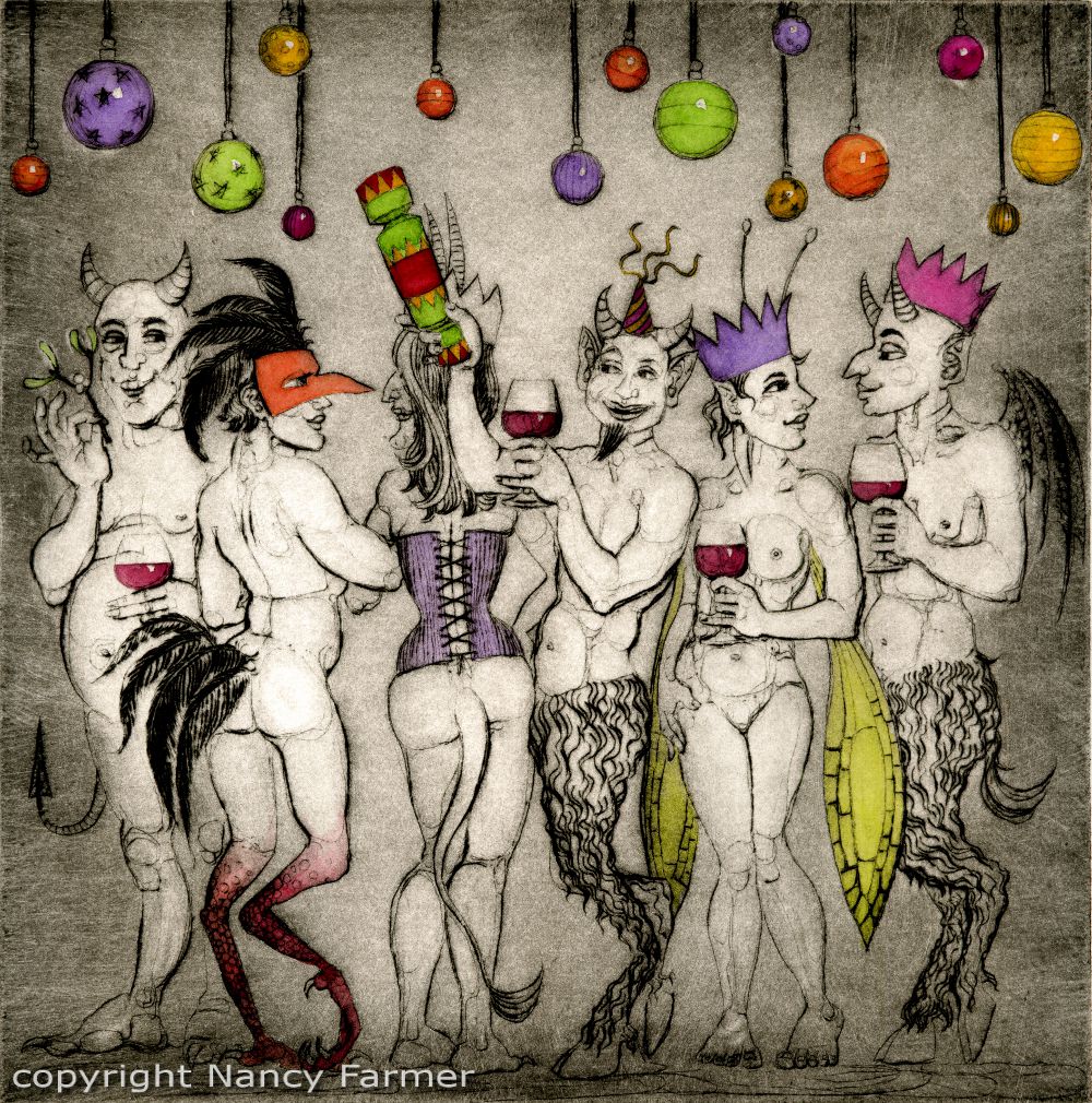 Demon Baubles - drypoint print with details in watercolour