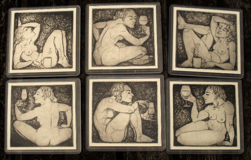 'Drinking Nudes' - drypoint artwork in coasters