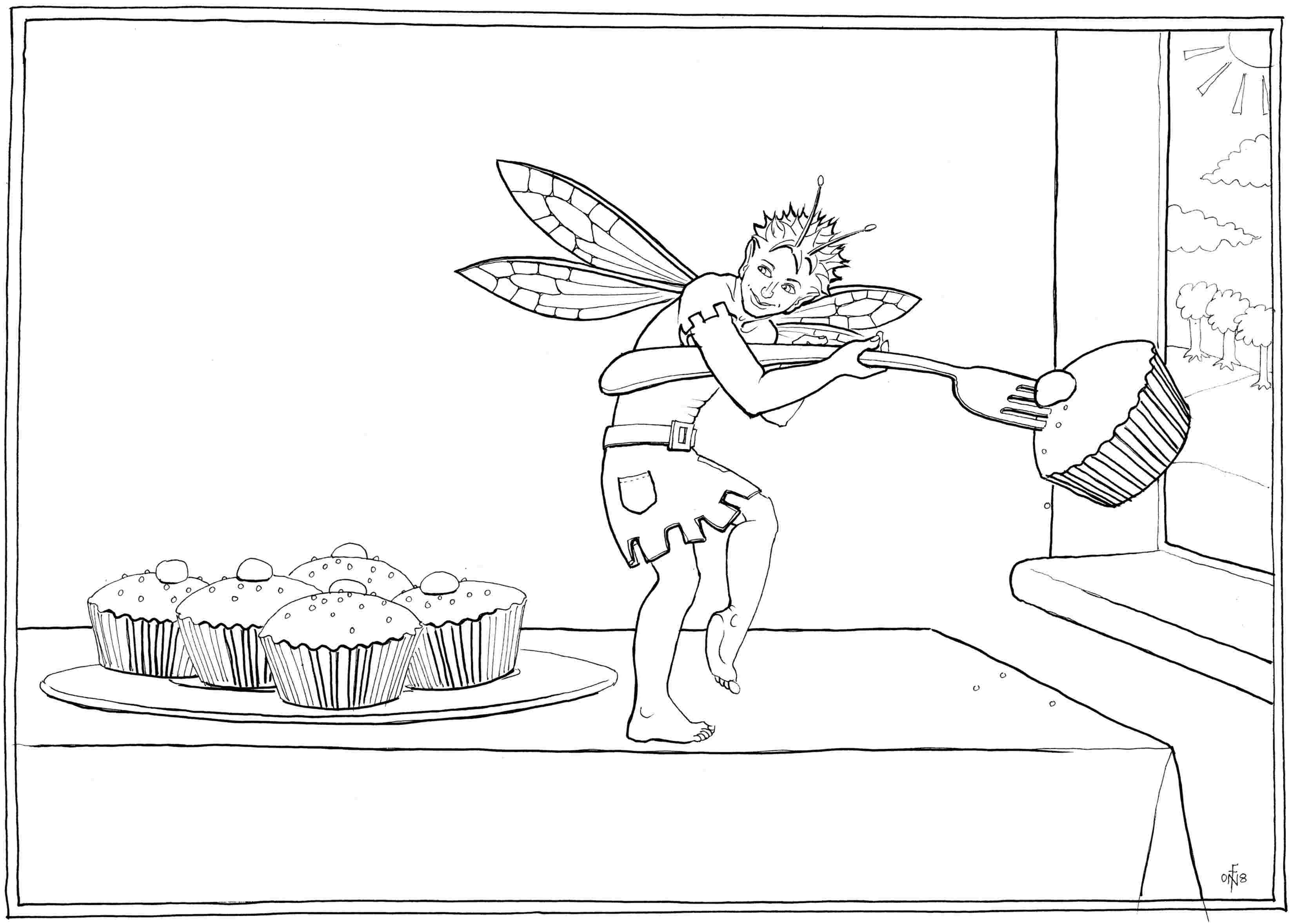Fairycake Thief - colouring-in drawing - to download, right click and save, print out and colour in!