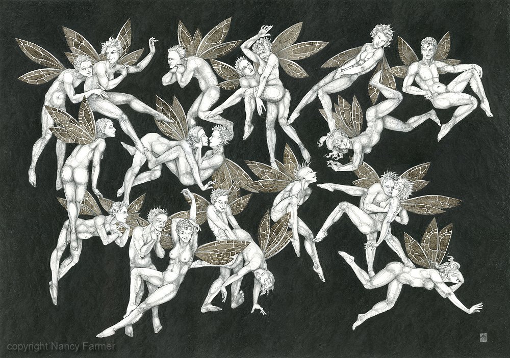 Frolicking Fairies - drawing in pencil, with palladium leaf.