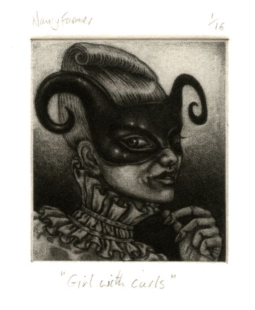mezzotint print by Nancy Farmer: 'Girl with curls'