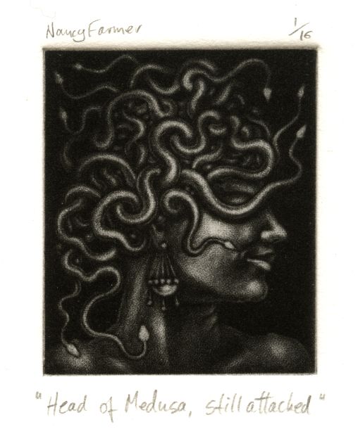 mezzotint print by Nancy Farmer: 'Head of Medusa, still attached'