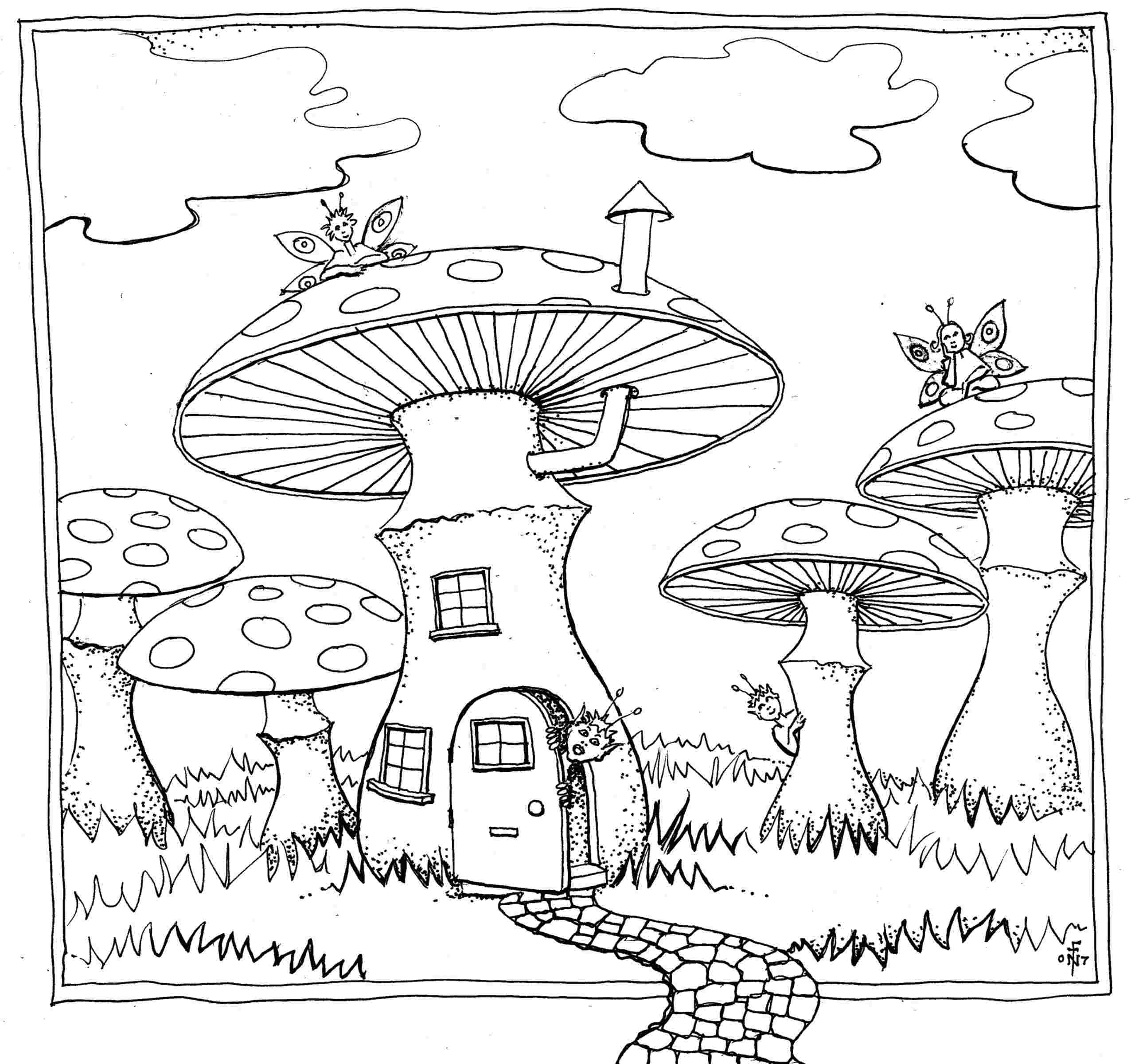 Mushroom Residence - colouring-in drawing - to download, right click and save, print out and colour in!