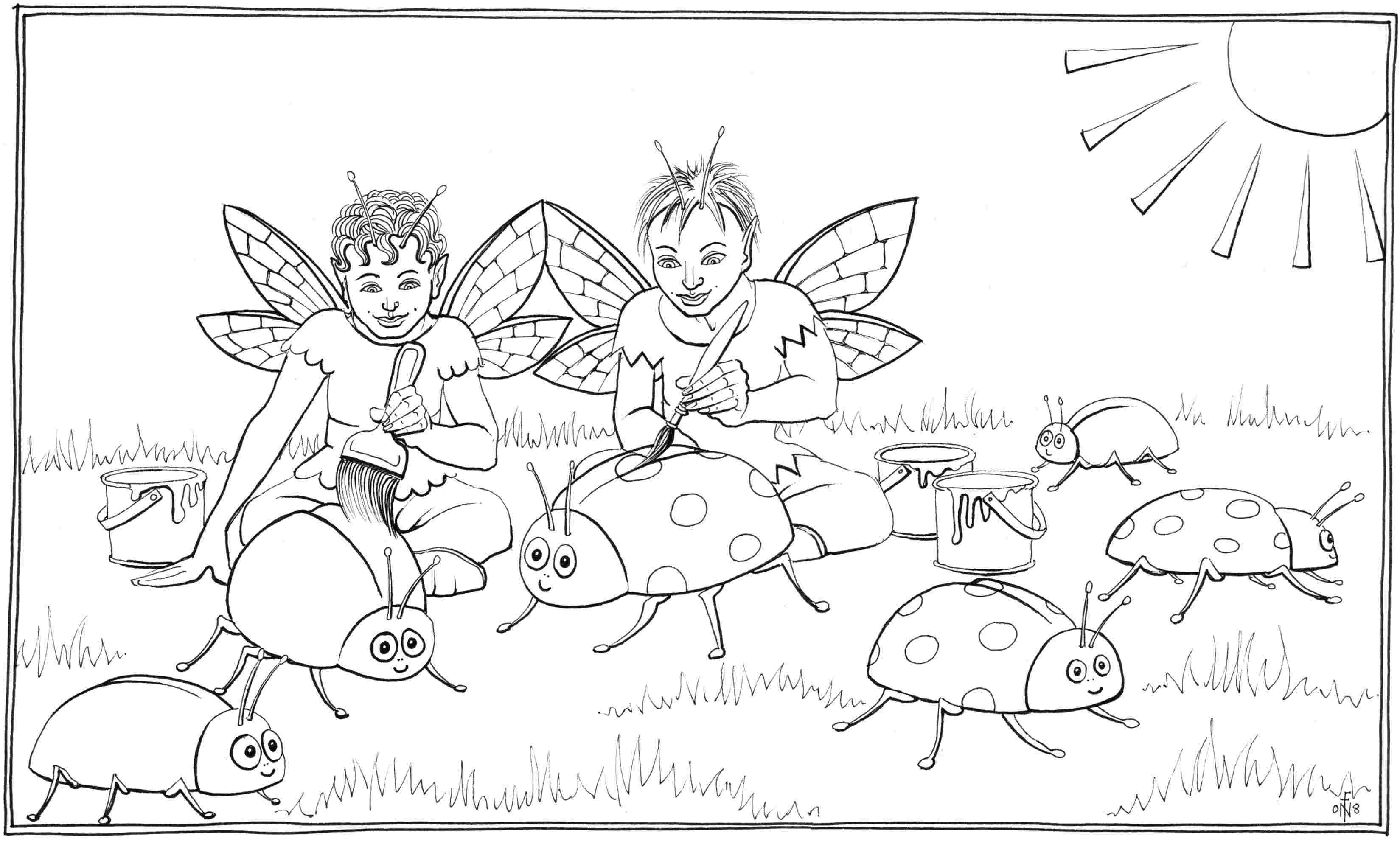 Painting Ladybirds - colouring-in drawing - to download, right click and save, print out and colour in!