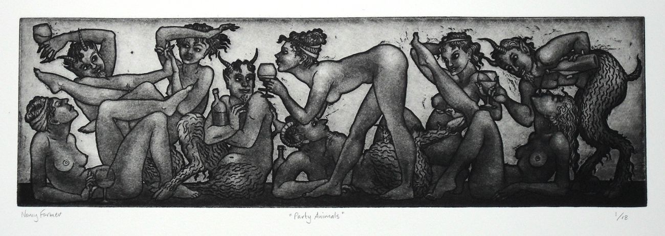 Party Animals - etching print by Nancy Farmer