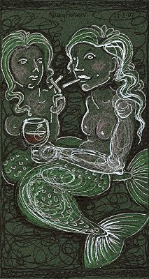 Permanent Sketch 9: Smoking Mermaids - drawing by nancy Farmer