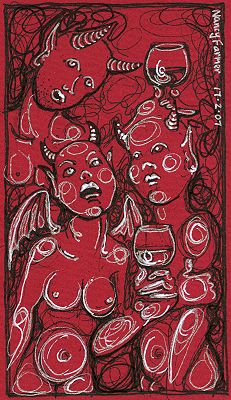 Permanent Sketch 13: Three Demons Drinking - drawing by nancy Farmer
