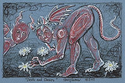 Permanent Sketch 14: Devils and Dasies - drawing by nancy Farmer