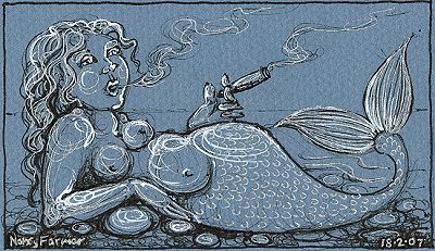 Permanent Sketch 15: Mermaid with a Fat Cigar - drawing by nancy Farmer