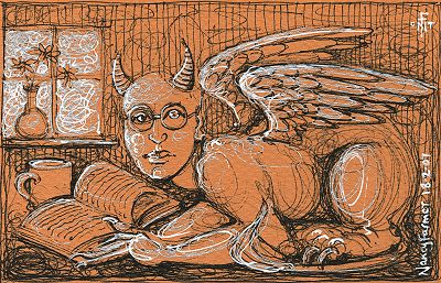 Permanent Sketch 18: Studious Sphinx - drawing by nancy Farmer