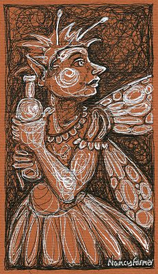 Permanent Sketch 32: Fairy with a Stolen Bottle - drawing by nancy Farmer