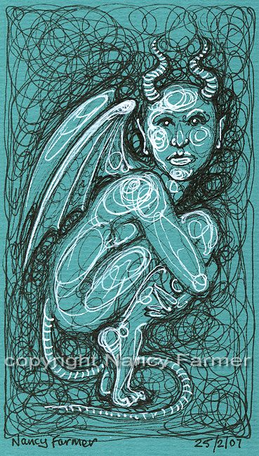 Permanent Sketch 36: Blue Crouching Demon - close-up of drawing