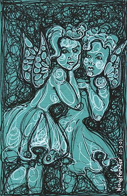 Permanent Sketch 41: Two Fairies in Party Frocks - drawing by nancy Farmer
