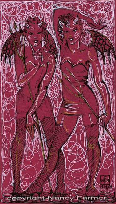 Permanent Sketch 56: Two Demons in Pink - drawing by nancy Farmer