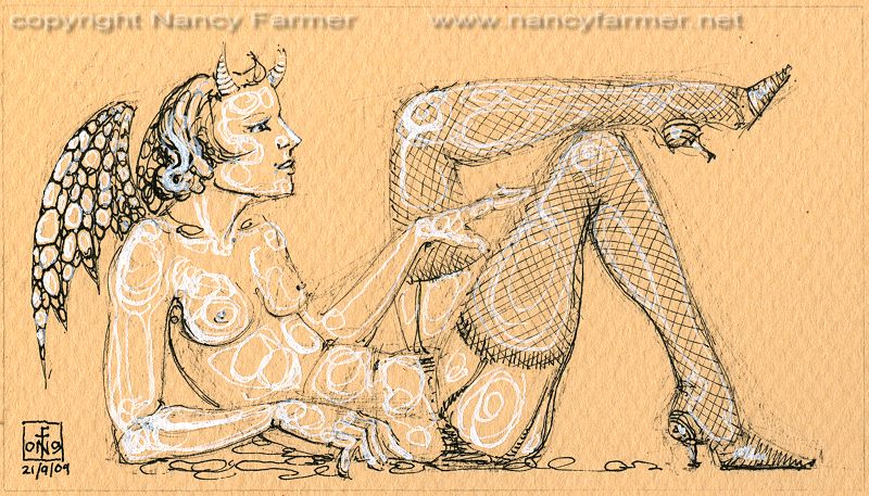 Permanent Sketch 64: Reclining Demon in Stockings - drawing by nancy Farmer