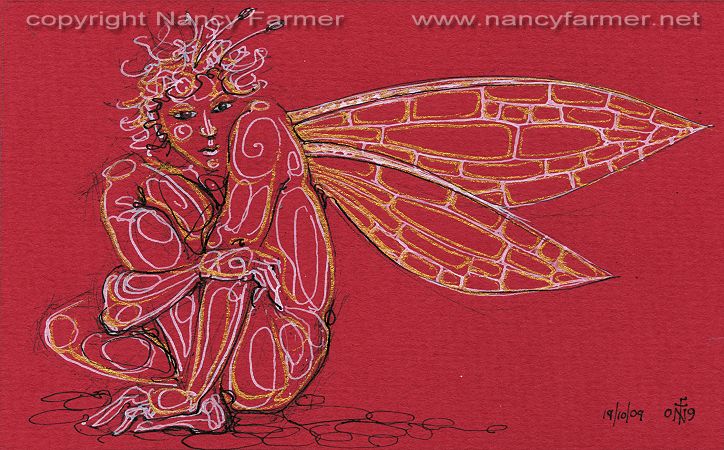 Permanent Sketch 70: Cautious Red Fairy - drawing by nancy Farmer