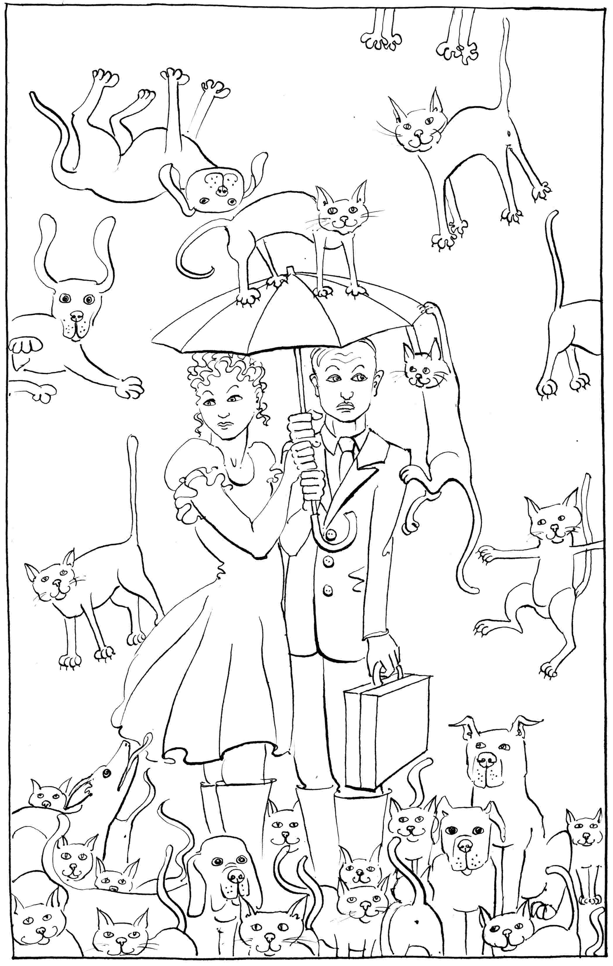 Raining Cats and Dogs - colouring-in drawing - to download, right click and save, print out and colour in!