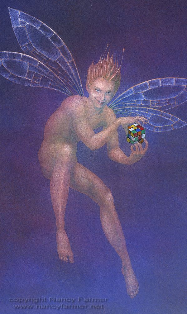 Fairy and Rubik's Cube - painting in gouache by Nancy Farmer