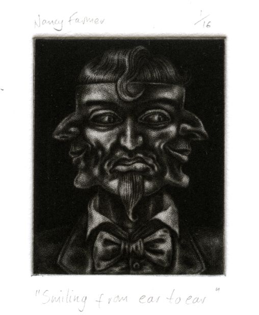 mezzotint print by Nancy Farmer: 'Smiling from ear to ear'