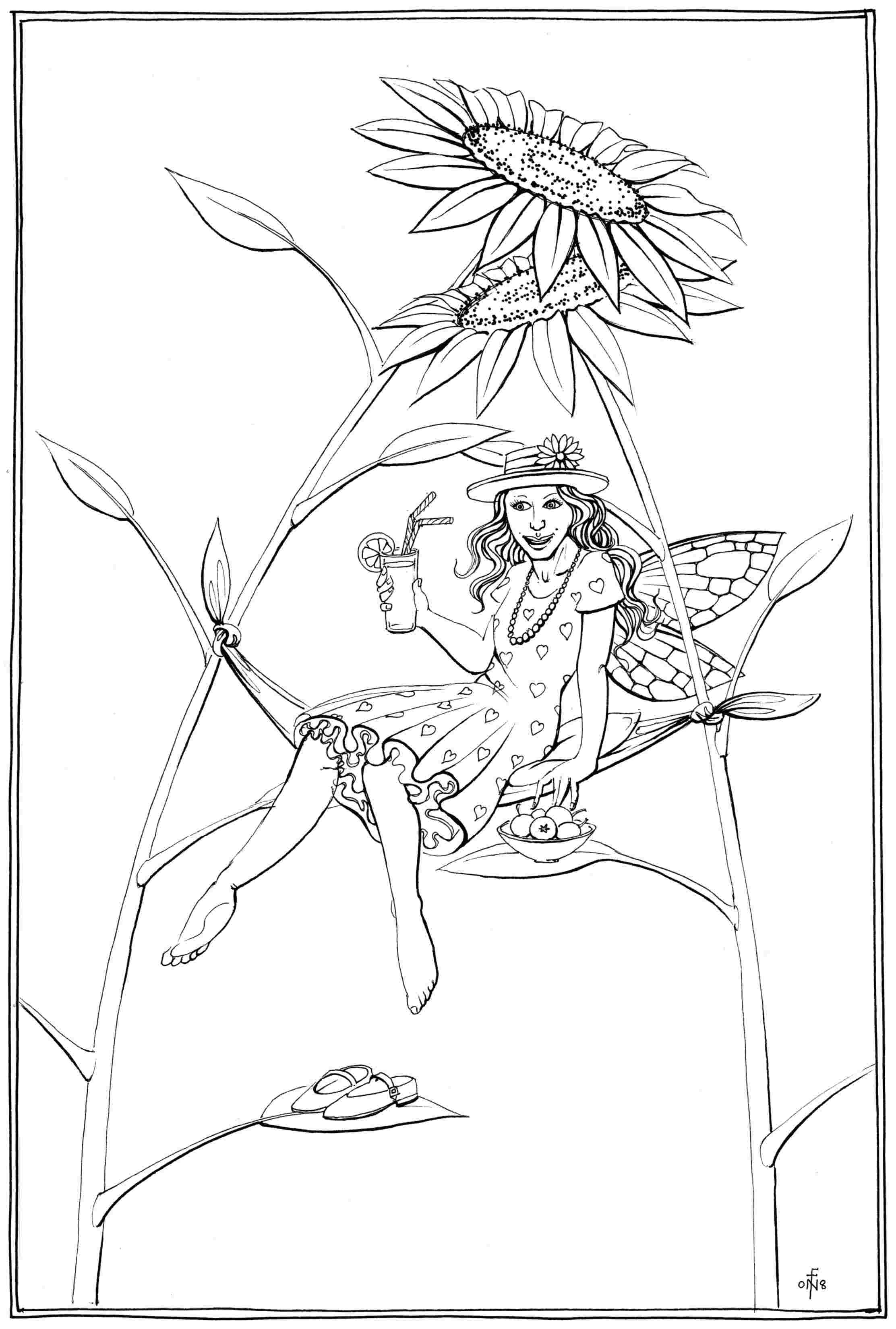 Sunflower Bower - colouring-in drawing - to download, right click and save, print out and colour in!