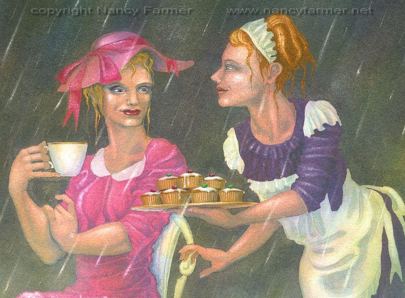 Tea on the Lawn - painting in gouache by Nancy Farmer