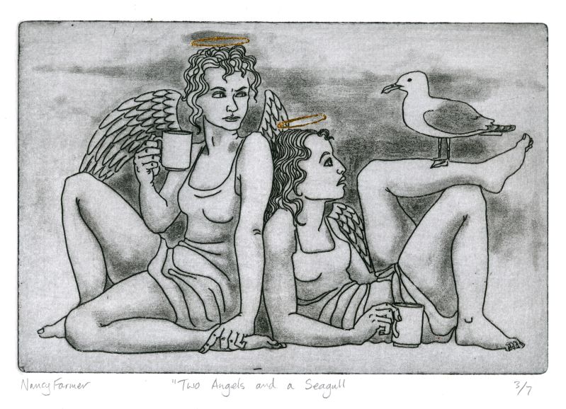 Two Angels and a Seagull - etching print