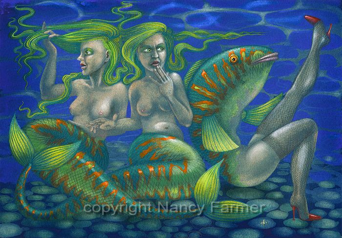 Two Mermaids and a Maidmer painting by Nancy Farmer