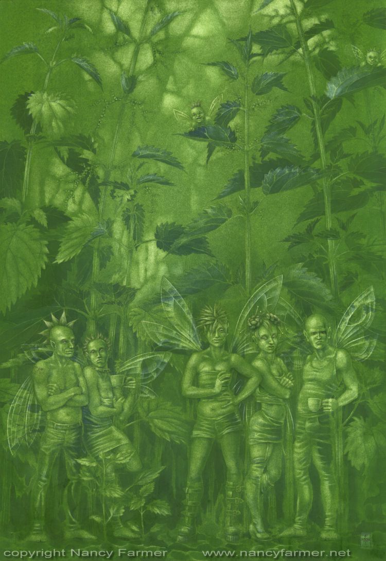 'Urtica Dioica, Stinging Nettle Fairies' - painting in gouache by Nancy Farmer