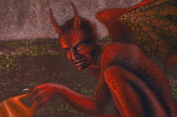 (Satan) Watering the Pot Plants - demon art by Nancy Farmer