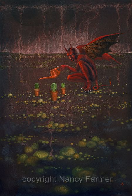 (Satan) Watering the Pot Plants - demonic painting by Nancy Farmer
