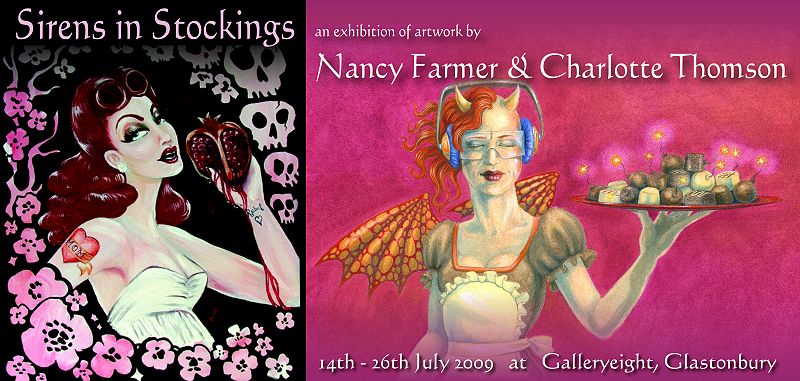 Banner - Sirens in Stockings - joint exhibition of artwork by Nancy Farmer and Charlotte Thomson